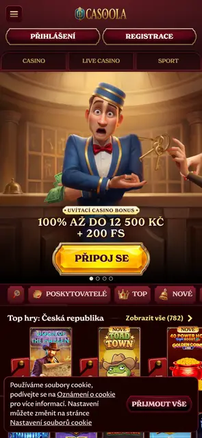 Mobilní web Casoola, úvodní stránka s uvítacím bonusem